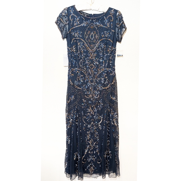 NWT Pisarro Nights Beaded Mesh Midi Cocktail Dress in Navy - Picture 6 of 16